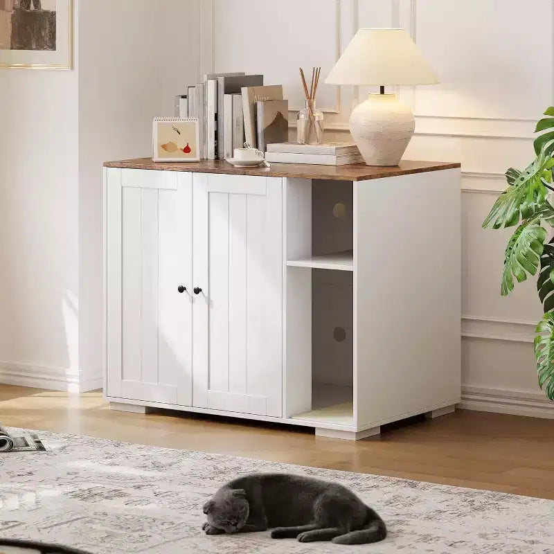 Mobiletto per lettiera per gatti a 2 ante grigio/bianco con tiragraffi, per 1 gatto