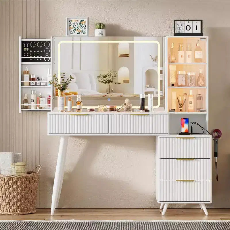 Fluted Makeup Vanity Desk with Lighted Mirror, 11 Drawers, Glass Top and Open Shelves for Girls' Rooms, White Finish