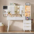 Fluted Makeup Vanity Desk with Lighted Mirror, 11 Drawers, Glass Top and Open Shelves for Girls' Rooms, White Finish