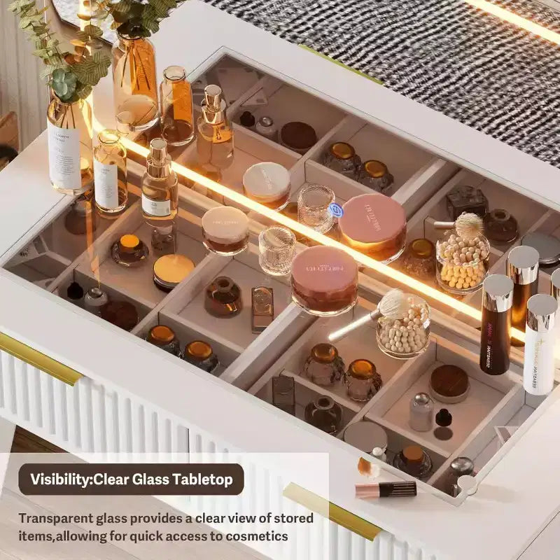 Toeletta da Trucco Bianca con Scanalature e Specchio Illuminato, Monoposto