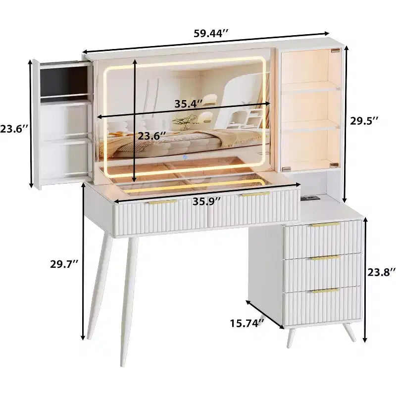 Toeletta da Trucco Bianca con Scanalature e Specchio Illuminato, Monoposto