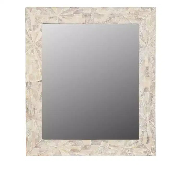 Specchio da parete con cornice in legno a raggiera "Starburst" da 46" con finitura bianca anticata