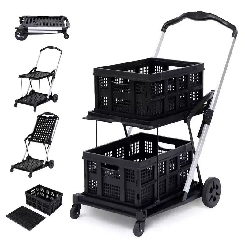 Heavy Duty Collapsible Utility Cart with Wheels - Folding Mobile Office Organizer and Rolling Multipurpose Storage Trolley - Portable Black