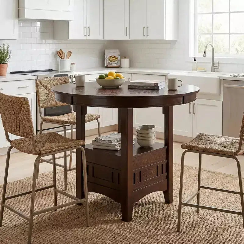 GDFStudio Hudson Contemporary Wood 42 Counter Height Round Dining Table with Lazy Susan and Storage Shelf