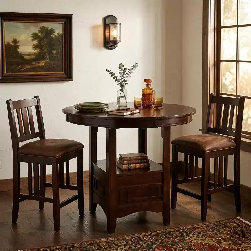 Tavolo da pranzo rotondo marrone altezza bancone con Lazy Susan, 4 posti
