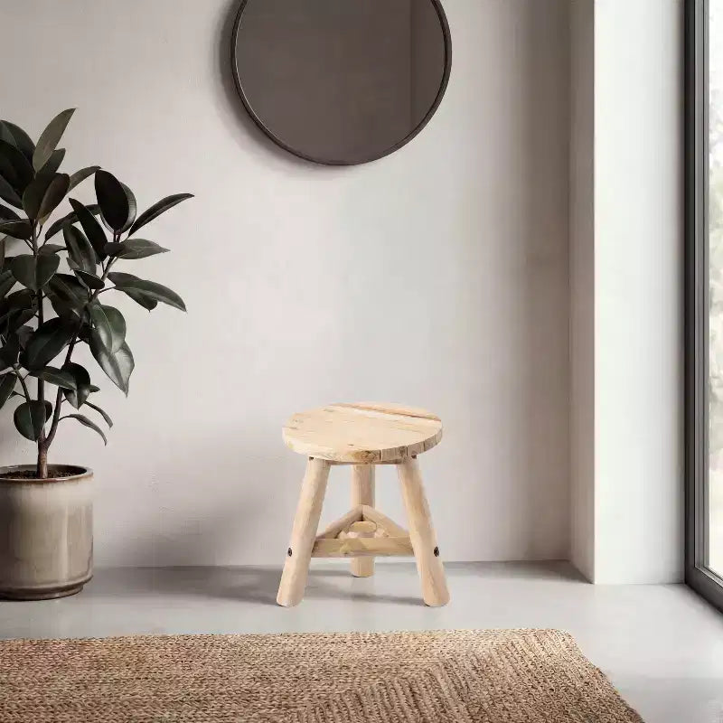 Sgabello Rotondo Accento in Legno Teak, Finitura Nera/Naturale Decapata, 1 Posto