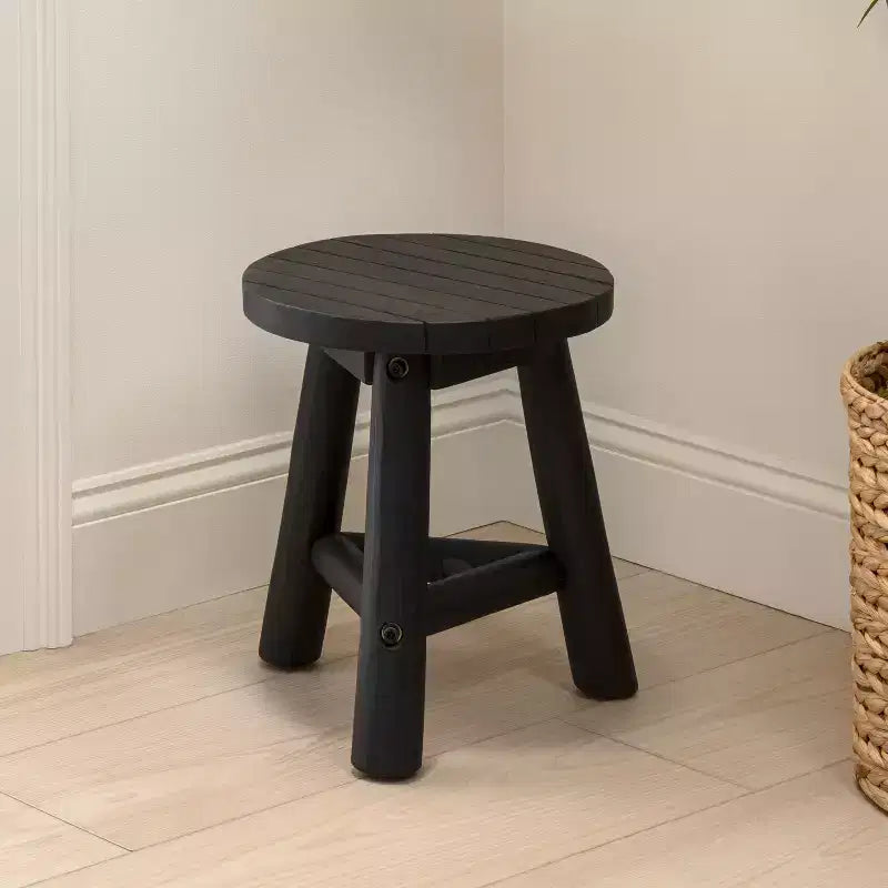 Sgabello Rotondo Accento in Legno Teak, Finitura Nera/Naturale Decapata, 1 Posto