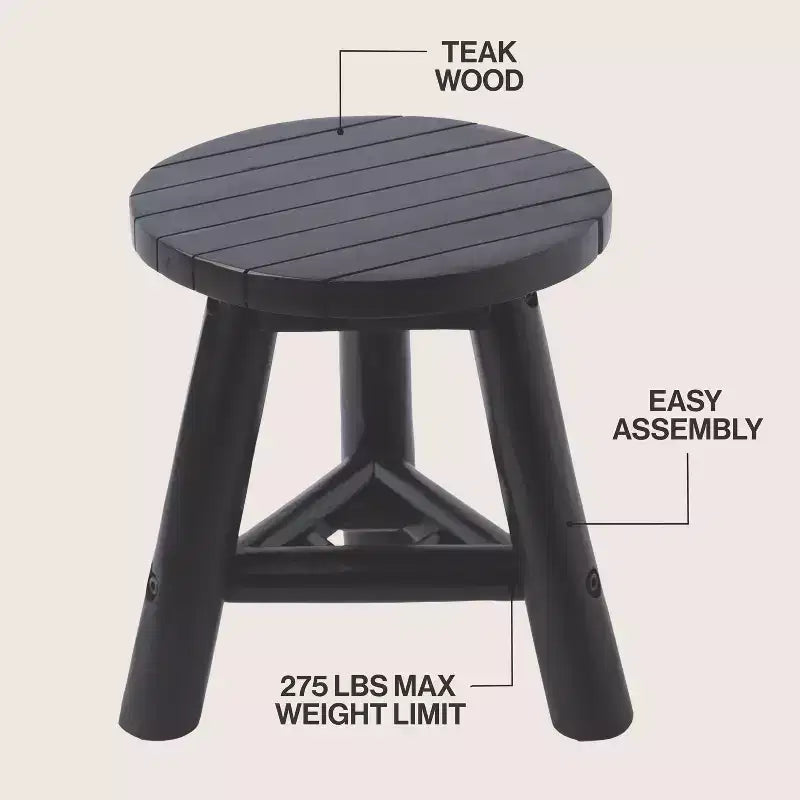 Sgabello Rotondo Accento in Legno Teak, Finitura Nera/Naturale Decapata, 1 Posto