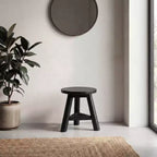 Sgabello Rotondo Accento in Legno Teak, Finitura Nera/Naturale Decapata, 1 Posto