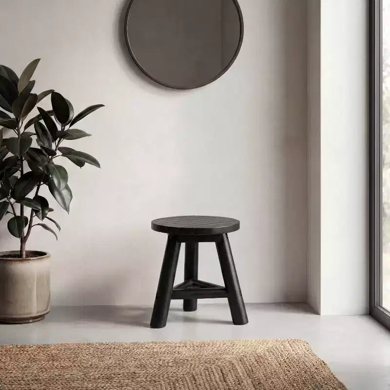 Sgabello Rotondo Accento in Legno Teak, Finitura Nera/Naturale Decapata, 1 Posto