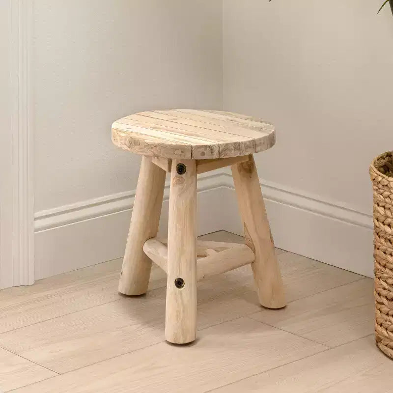 Sgabello Rotondo Accento in Legno Teak, Finitura Nera/Naturale Decapata, 1 Posto