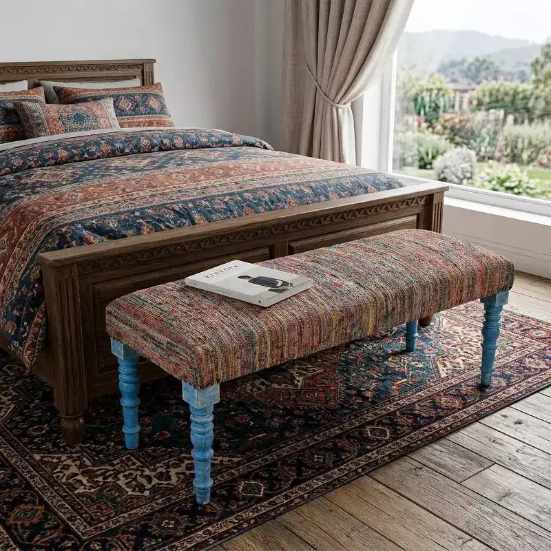 Panca imbottita con gambe blu a righe arcobaleno, 2 posti a sedere