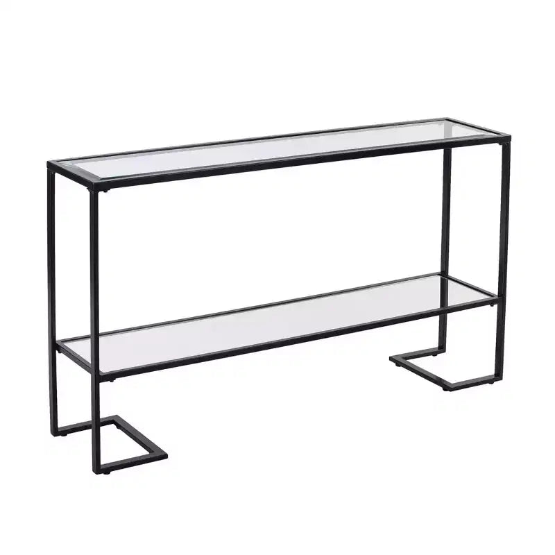 HomeRoots 52 Clear and Black Glass Mirrored Sled Console Table With Shelves