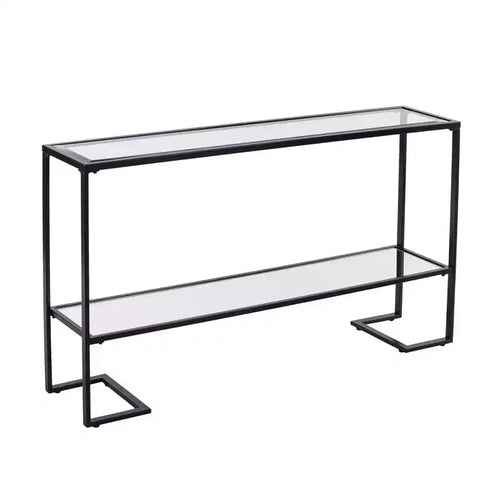 HomeRoots 52 Clear and Black Glass Mirrored Sled Console Table With Shelves