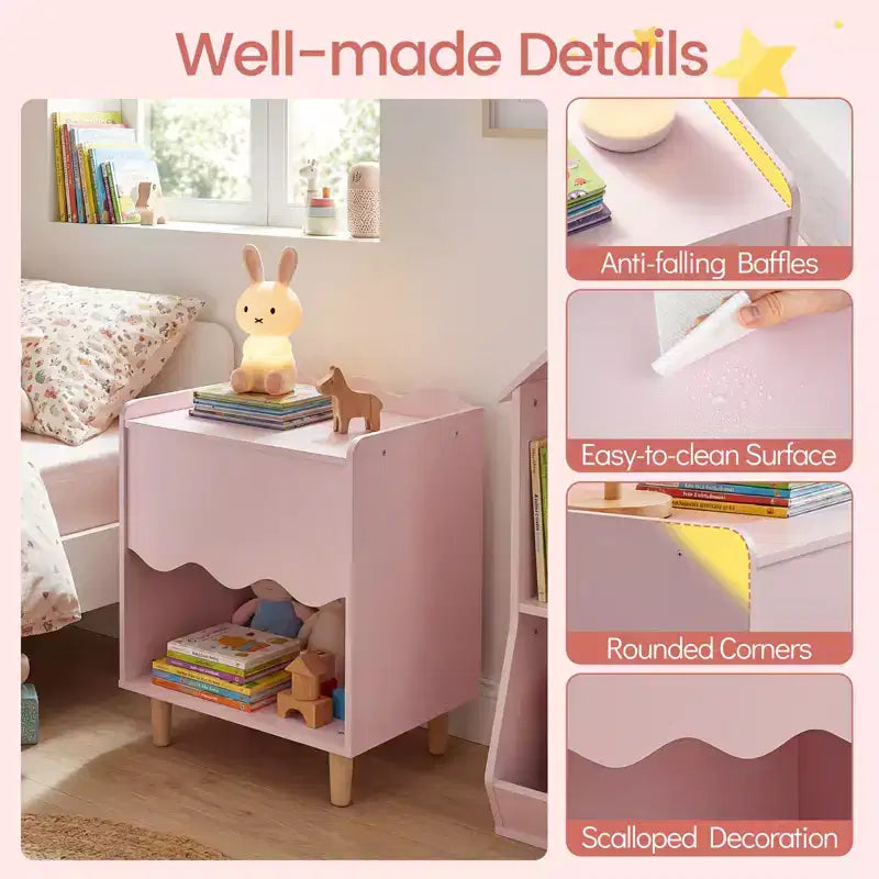 Comodino e Tavolino per Bambini con Bordo Ondulato Rosa/Bianco, per Bambini dai 3 ai 6 Anni, Montaggio da 1 Persona