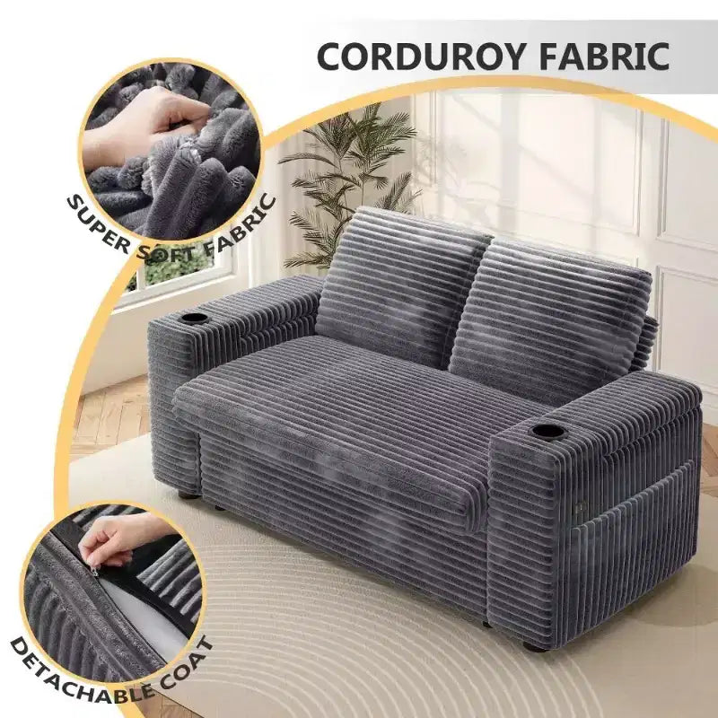 Divanetto trasformabile due posti in velluto a coste beige / grigio / verde, 165 cm