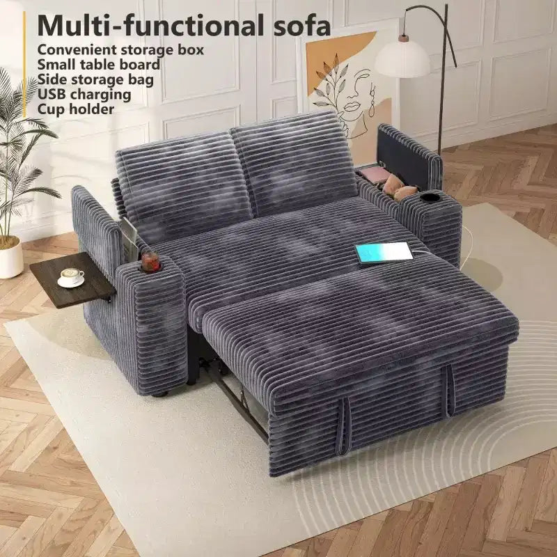 Divanetto trasformabile due posti in velluto a coste beige / grigio / verde, 165 cm