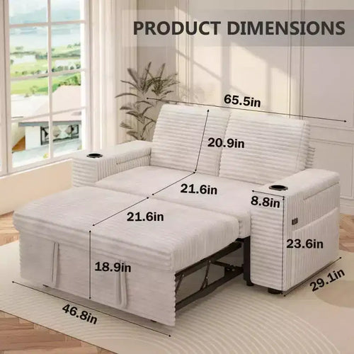 Divanetto trasformabile due posti in velluto a coste beige / grigio / verde, 165 cm