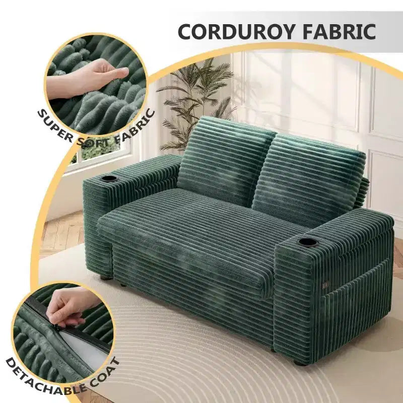 Divanetto trasformabile due posti in velluto a coste beige / grigio / verde, 165 cm