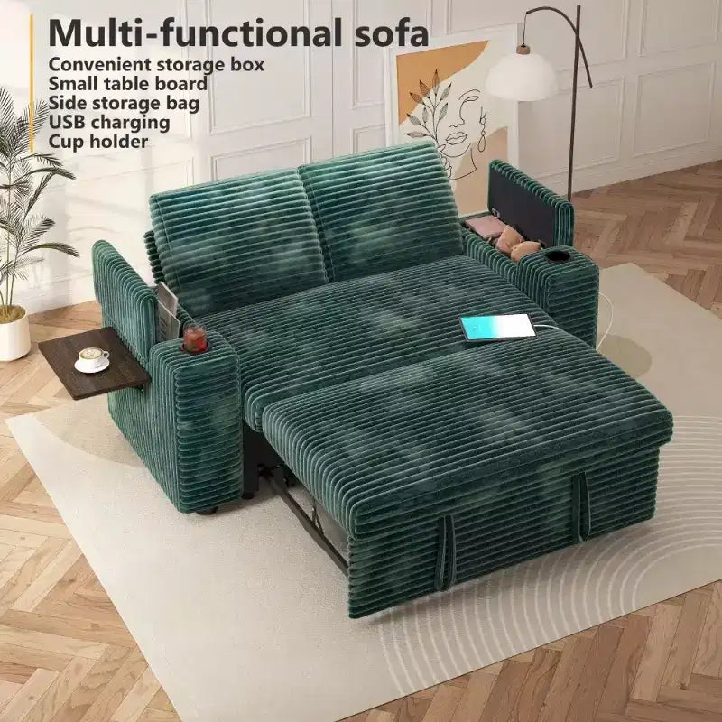 Divanetto trasformabile due posti in velluto a coste beige / grigio / verde, 165 cm