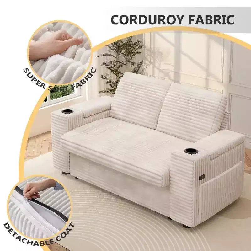 Divanetto trasformabile due posti in velluto a coste beige / grigio / verde, 165 cm