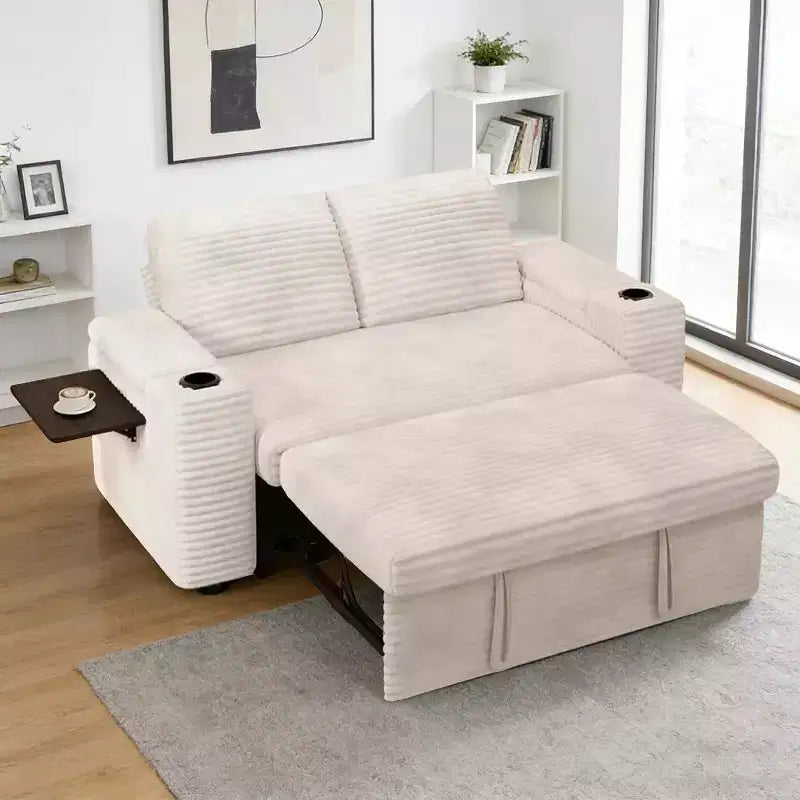 Dyonery 65 Corduroy Sleeper Loveseat Sofa with Pull-Out Bed Reclining Backrest Storage Arms USB Ports