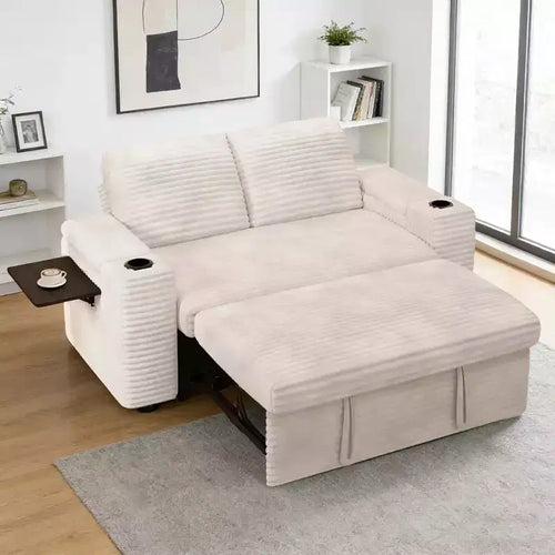 Dyonery 65 Corduroy Sleeper Loveseat Sofa with Pull-Out Bed Reclining Backrest Storage Arms USB Ports
