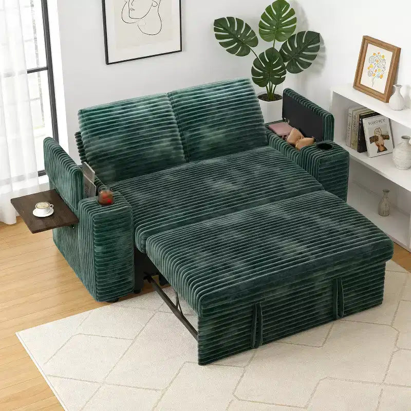 Divanetto trasformabile due posti in velluto a coste beige / grigio / verde, 165 cm
