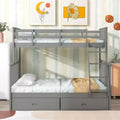 Twin Over Full Bunk Bed with Storage Drawers, Wooden Bed with Ladder and Safety Guardrails, Gray