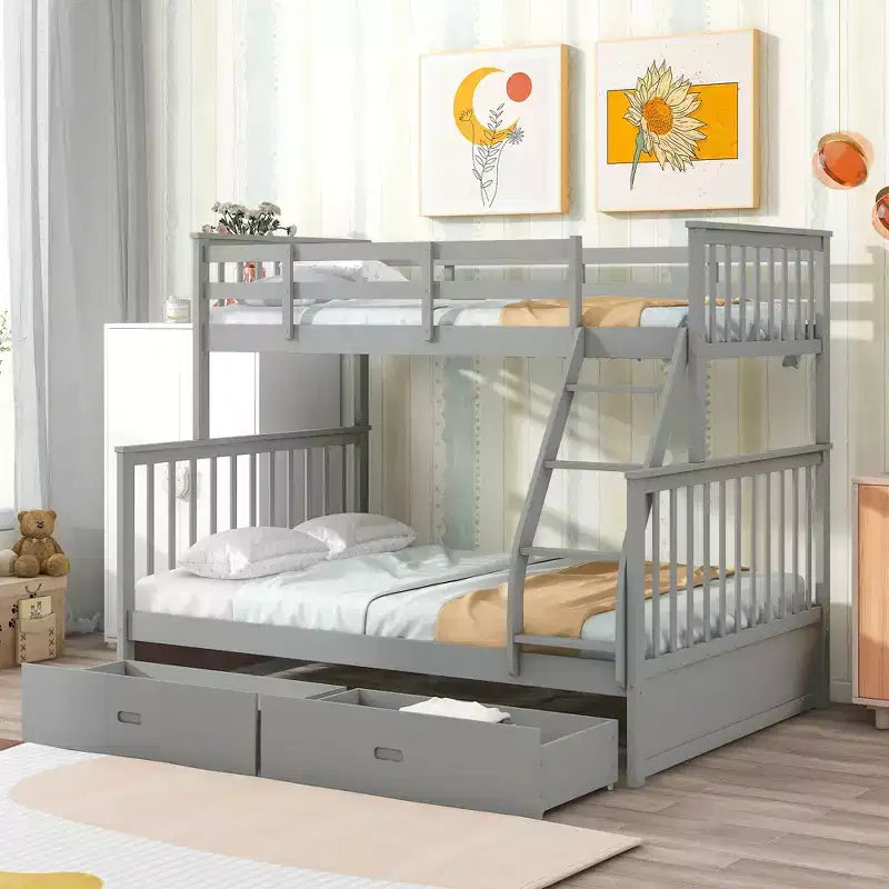 Letto a castello grigio con letto superiore singolo e inferiore a una piazza e mezza, con cassetti contenitori, 2 persone