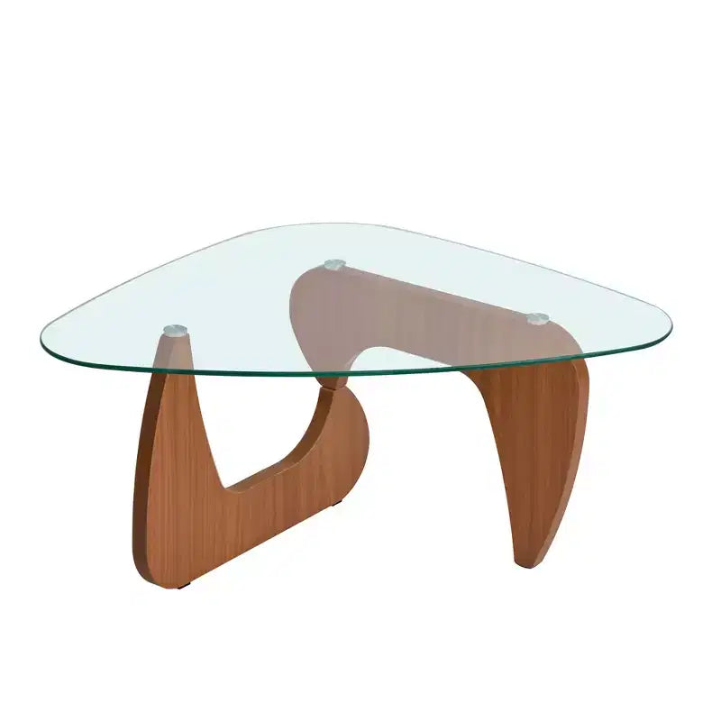 Tavolino da salotto, struttura in legno marrone, piano in vetro temperato trasparente, 1 persona