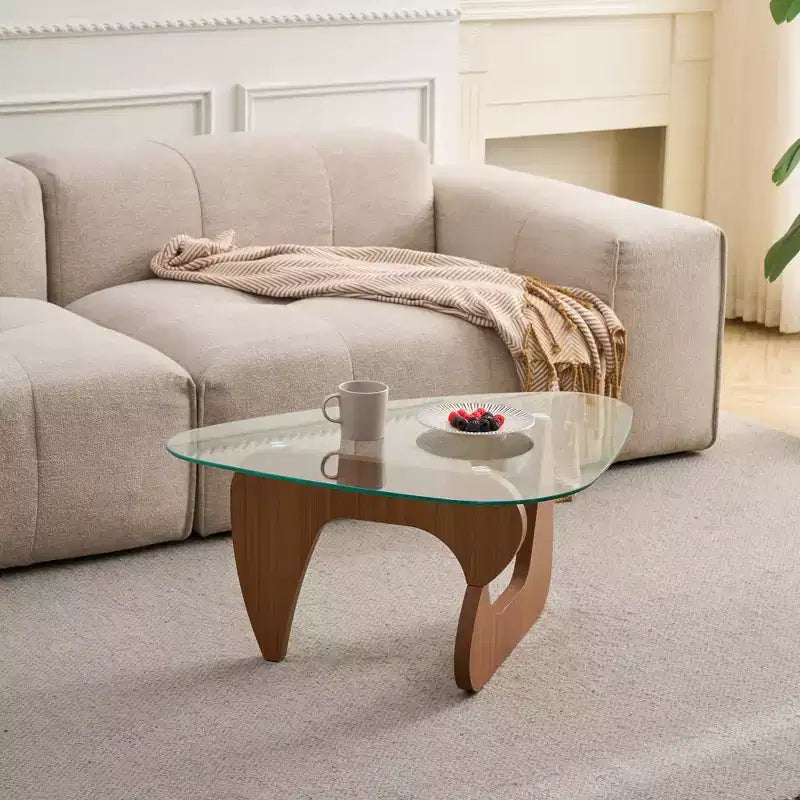 Tavolino da salotto, struttura in legno marrone, piano in vetro temperato trasparente, 1 persona