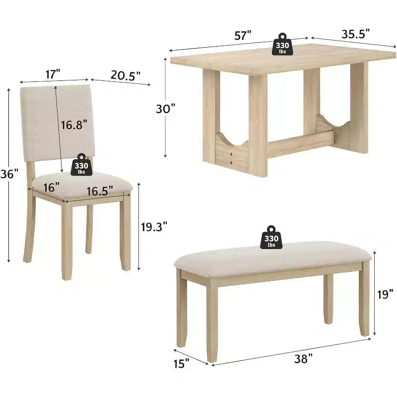 Set da pranzo beige da 6 pezzi, base a cavalletto, 6 posti
