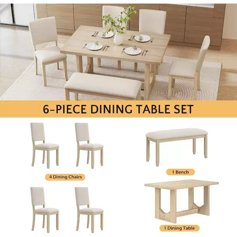Set da pranzo beige da 6 pezzi, base a cavalletto, 6 posti