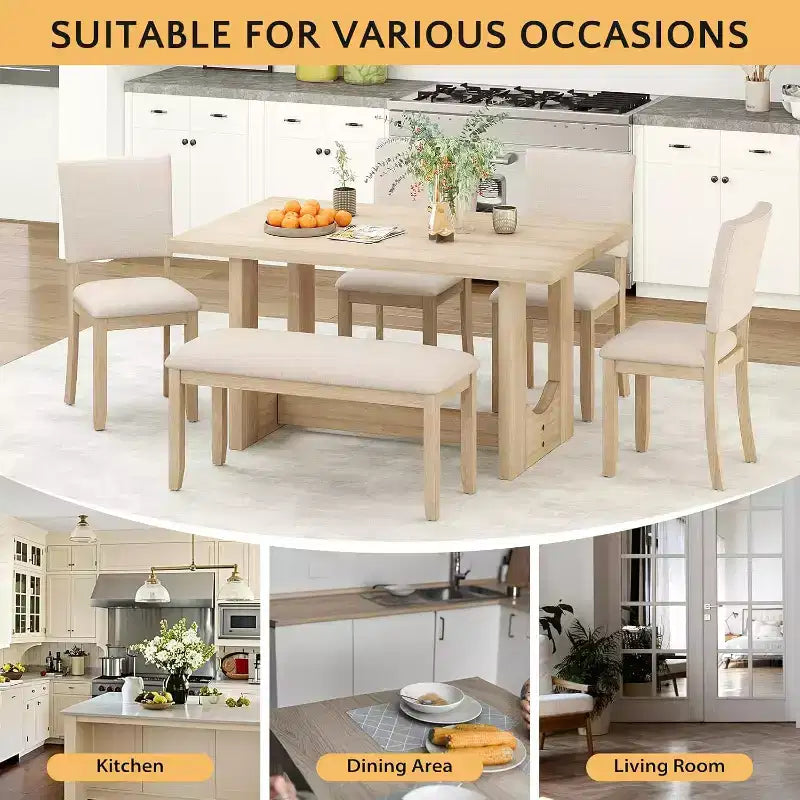 Set da pranzo beige da 6 pezzi, base a cavalletto, 6 posti