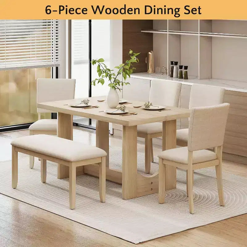 Set da pranzo beige da 6 pezzi, base a cavalletto, 6 posti