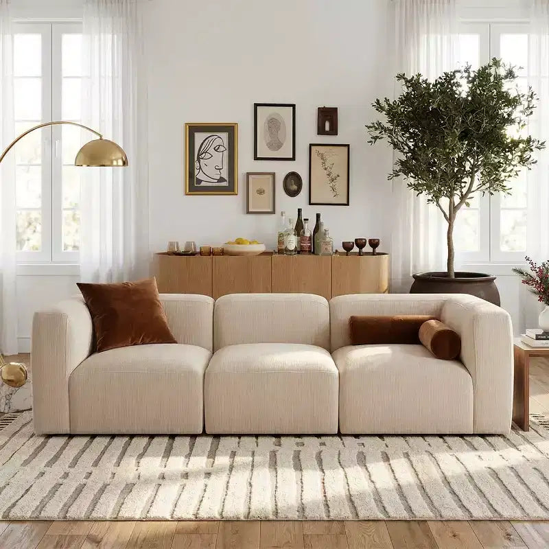Divano modulare in ciniglia beige / cioccolato / verde, 3 posti
