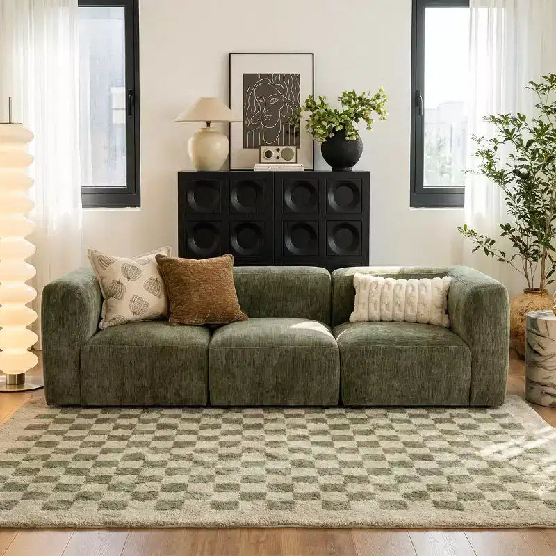 Divano modulare in ciniglia beige / cioccolato / verde, 3 posti