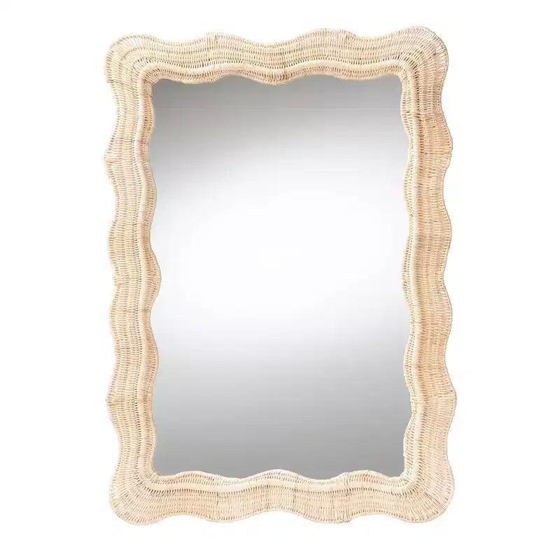 Specchio da parete decorativo in rattan naturale smerlato – 1 pezzo