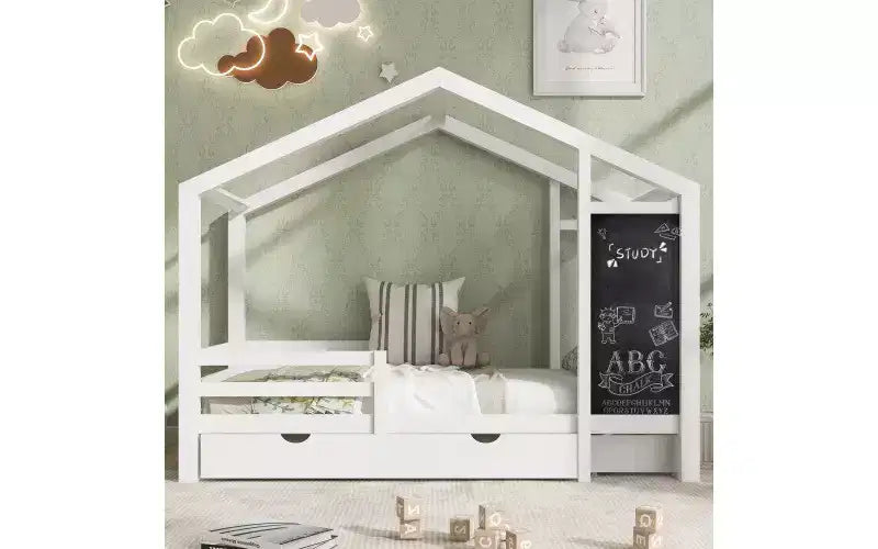 House Bed Frame With Roof, Twin Size Floor Beds, Fun Playhouse Bed Frames With Blackboard And Drawers, 2 Assembly Options For Toddlers Home Bedroom