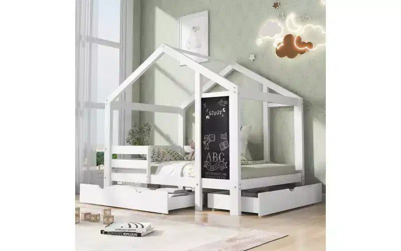 Letto a capanna singolo bianco con tetto, lavagna e cassetti - Per 1 bambino