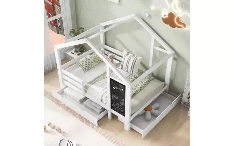 Letto a capanna singolo bianco con tetto, lavagna e cassetti - Per 1 bambino