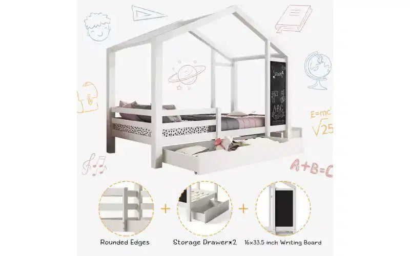 Letto a capanna singolo bianco con tetto, lavagna e cassetti - Per 1 bambino