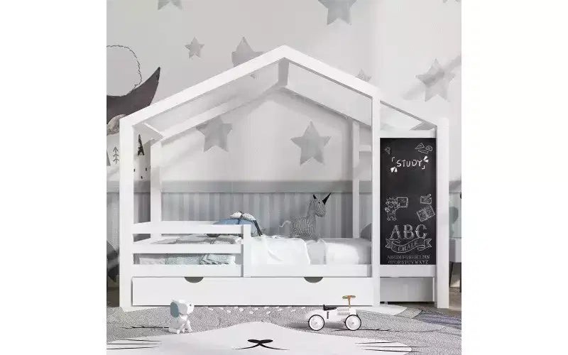 Letto a capanna singolo bianco con tetto, lavagna e cassetti - Per 1 bambino