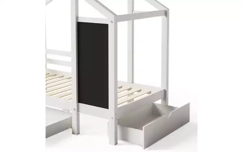 Letto a capanna singolo bianco con tetto, lavagna e cassetti - Per 1 bambino