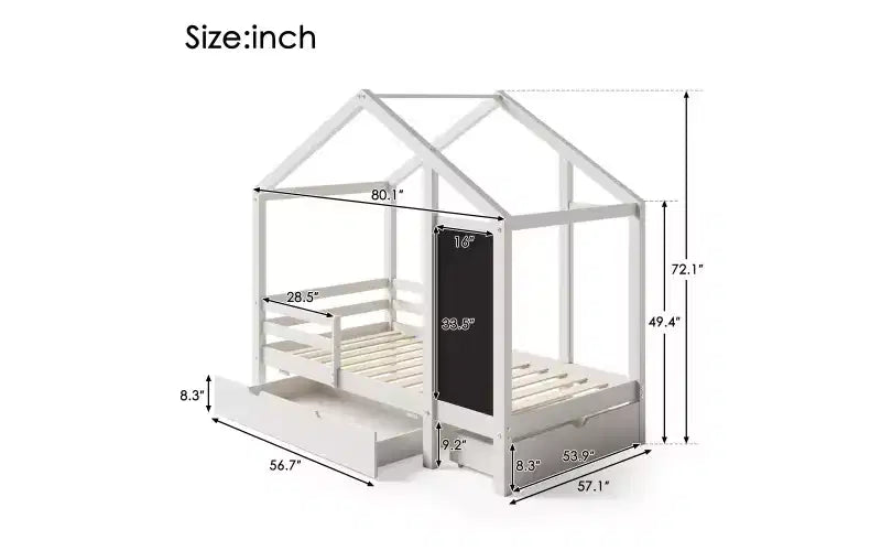 Letto a capanna singolo bianco con tetto, lavagna e cassetti - Per 1 bambino