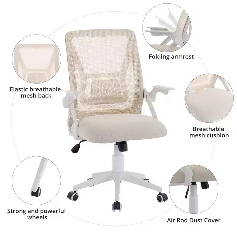 Sedia da ufficio girevole a schienale medio beige/nero/grigio/rosa con braccioli regolabili e supporto lombare in rete, sedile singolo