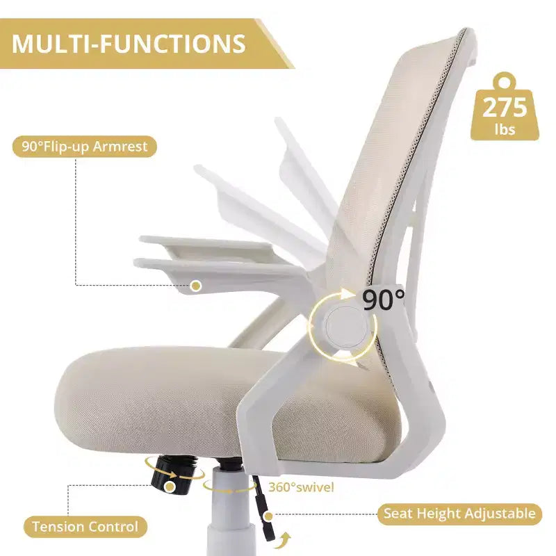 Sedia da ufficio girevole a schienale medio beige/nero/grigio/rosa con braccioli regolabili e supporto lombare in rete, sedile singolo