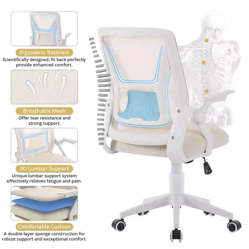 Sedia da ufficio girevole a schienale medio beige/nero/grigio/rosa con braccioli regolabili e supporto lombare in rete, sedile singolo