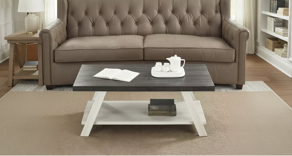 Athens Contemporary Two-Tone Wood Shelf Coffee Table in Weathered Charcoal and Beige